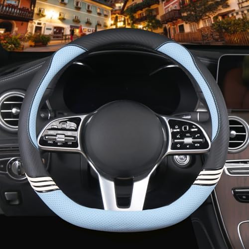 14 inch Cute Leather D Shape Steering Wheel Cover Black Blue by Binsheo