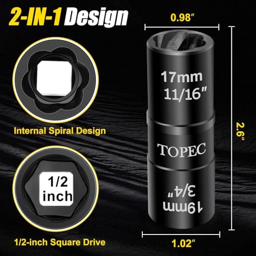 Topec 17mm x 19mm Flip Lug Nut Extractor, 1/2" Drive Lug Nut Removal Tool - Image 2