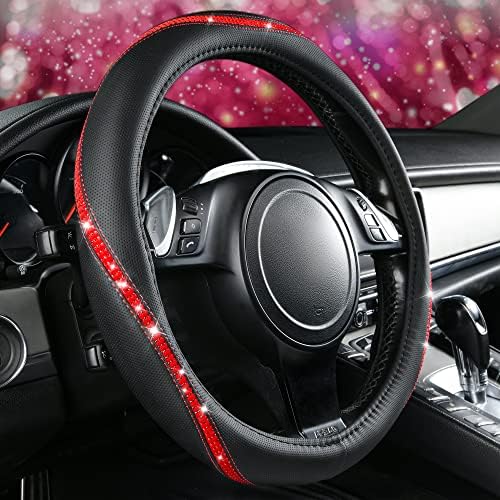 CAR PASS Bling Diamond Black Leather Steering Wheel Cover, Studded Crystal - Image 4