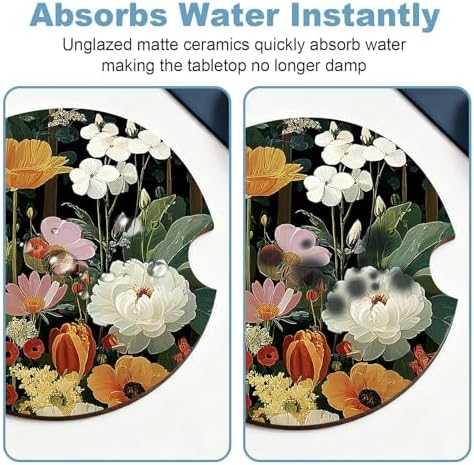 Ceramic Car Cup Holder Coasters Set of 2, 2.56 in Black Flowers - Image 5