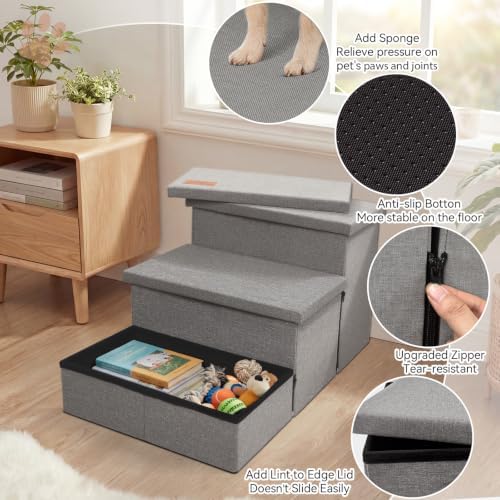 Zerbuger Dog Stairs with Storage, Small Grey 3 Steps Dog Ramp no Condo - Image 3