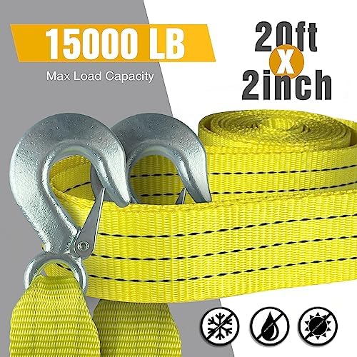Tow Strap with Hooks 2”x20’ 15, 000 LBS, Tow Rope Metal Safety Hooks - Image 3