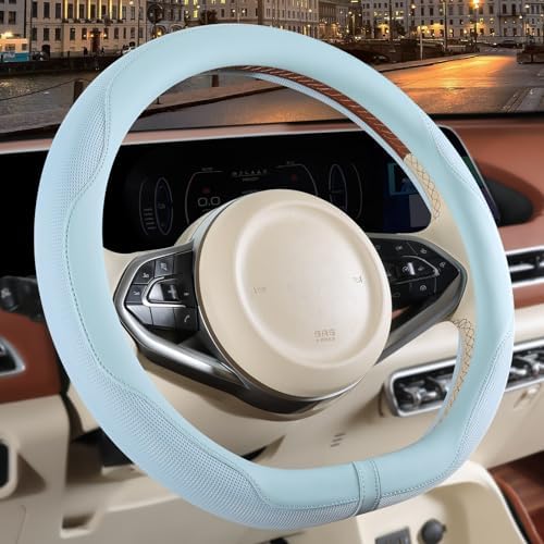 Nappa Leather Blue D Shaped Steering Wheel Cover 14 inch - Image 2