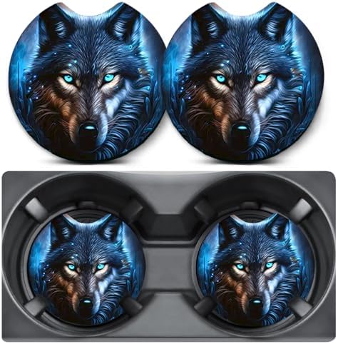 2 Pack Blue Flame Wolf Car Coasters Cup Holder, Neoprene Anti Slip Mat by Unknown