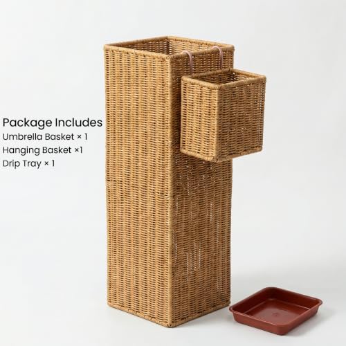 Rattan Umbrella Stand with Drip Tray, Umbrella Holder with Small Basket - Image 3