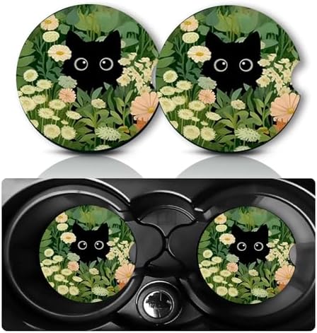 2Pcs Black Cats Car Coasters, 2.75" Neoprene Cars Cup Holder Coasters by Databa