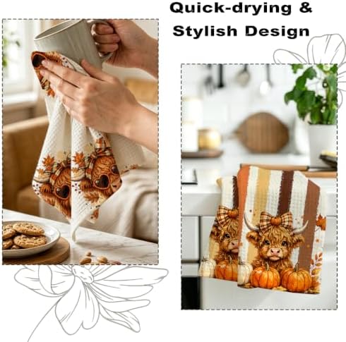 2 Pcs Fall Highland Cow Kitchen Towels, Striped Soft Absorbent Hand Towels - Image 6