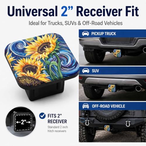 Hitch Cover Receiver Tube Hitch Plug Starry Night Sunflowers, Tool-Free Install - Image 4