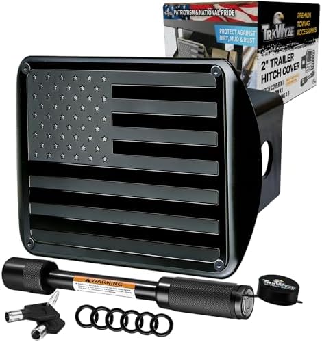 Steel Hitch Cover, Patented Riveted Aluminum Flag, Car Wash Safe by TrkWyze