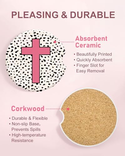 Swooflia Elegant Ceramic Car Coasters Pink Polka Dot Cross Car Decor - Image 3