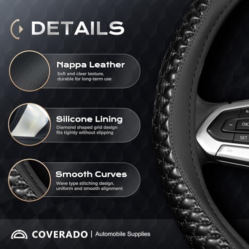 Coverado Car Steering Wheel Cover, Nappa Leather Black Steering Wheel Covers - Image 2