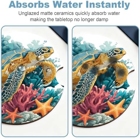 Ceramic Car Cup Holder Coasters Set of 2, 2.56 in Blue Turtle - Image 5