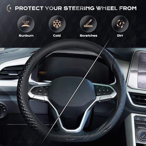 Coverado Car Steering Wheel Cover, Nappa Leather Black Steering Wheel Covers - Image 6