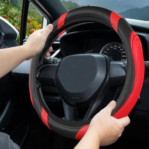 Concave Convex Massage Black Red Microfiber Leather Steering Wheel Cover - Image 2