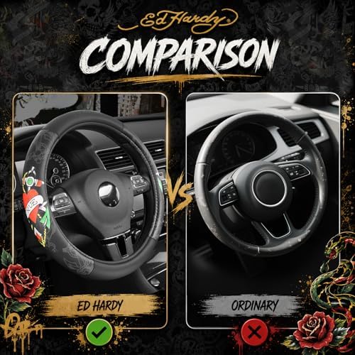 ED HARDY Heart Print Steering Wheel Cover, Fits 14.5-15.5 Inch Steering Wheels - Image 6
