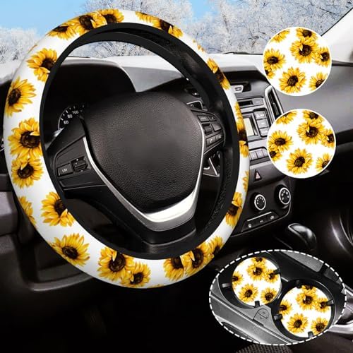 Yellow Sunflower Flower Steering Wheel Cover by Olemier