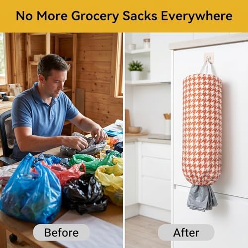 Plastic Bag Holder, Wall Mount Grocery Bag Dispenser, Yarn-dyed Houndstooth - Image 7