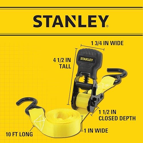 STANLEY S10002 Black/Yellow 1" x 10' Ratchet Tie Down Straps - 500 lb Safe - Image 5
