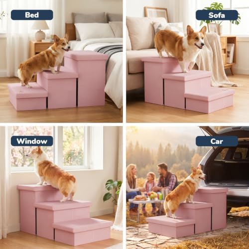 3-Step Wide Dog Stairs with Hidden Storage 18" H, Non-Slip Dog Steps - Image 4