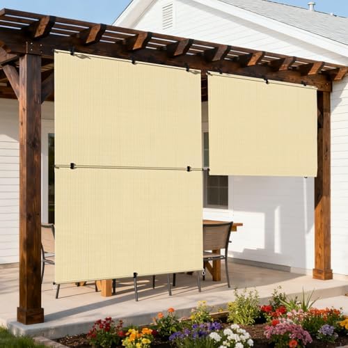 Outdoor Roller Shade 7'W x 7.5'H Cordless Shades Roll Up, Folding Exterior by Coonoble