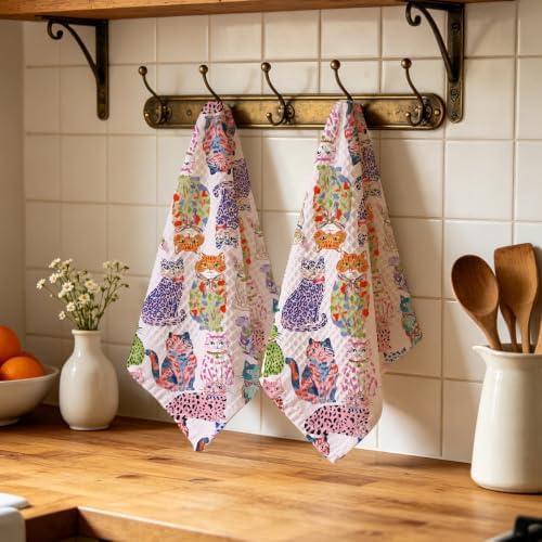 2 Pcs Colorful Cat Kitchen Towels, Cats Soft Absorbent Hand Tea Towel - Image 4