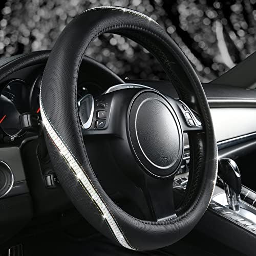 CAR PASS Bling Diamond Black Leather Steering Wheel Cover, Studded Crystal - Image 4