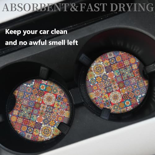 Boho Absorbent Neoprene Car Coasters, 2.75inch Mandala Style, 2 Pack Universal - Image 2