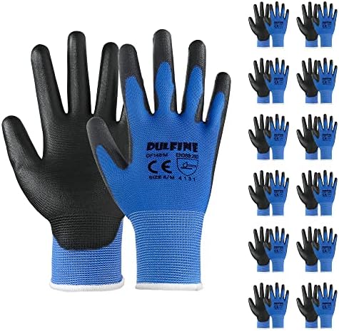 DULFINE Safety Work Gloves for Men & Women 12 Pairs, PU Coated Blue S by DULFINE