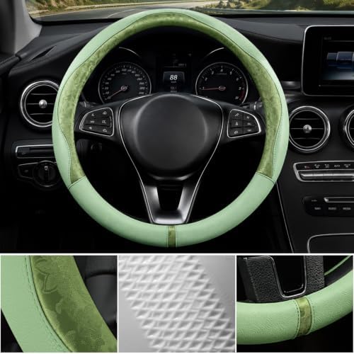 Green Patterned Leather Patchwork Steering Wheel Cover, 14.5-15 Inch Universal - Image 4