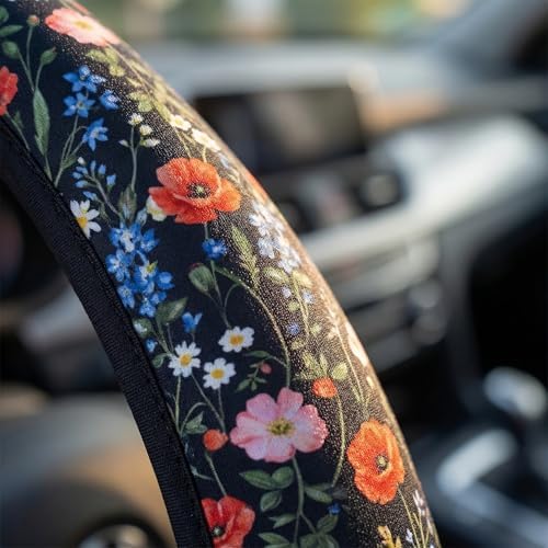 Wildflower Car Steering Wheel Cover 15 in, 2 Cute Floral Car Coasters - Image 3