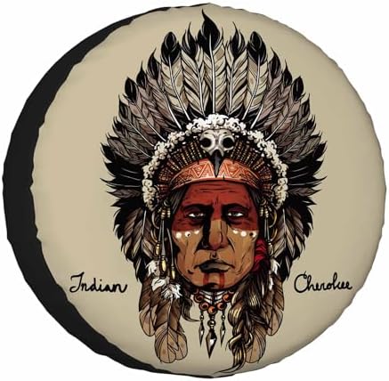 Indian Cherokee Spare Tire Cover Warrior Art Culture Chief Hand Drawing Head by NOMEDOGYIM