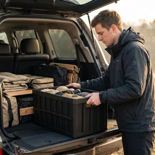 3 Pack 50L Black Collapsible Storage Crate Wooden Lid Stackable Bin - Image 4
