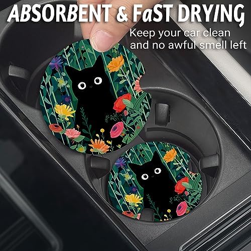 Yonlevres Car Coasters for Cup Holders, Flower Black Cat, 2 Pack - Image 2