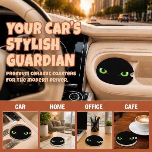 Black Cat Green Eyes Car Coasters, Dark Spooky Gothic Cup Holders - Image 4