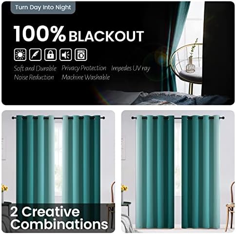 SimpleHome 100% Blackout Ombre Bedroom Curtains Teal and Greyish White - Image 3