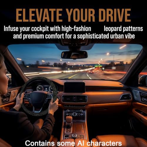 Black Leopard Print Steering Wheel Cover 15In + 2 Cheetah Car Coasters - Image 4