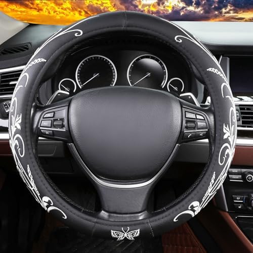 White Embroidery Butterfly Car Steering Wheel Cover, 14.5-15 Inch Universal by ExquisiteCarAccessories