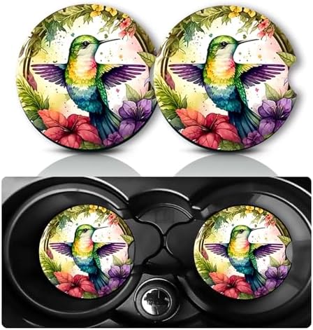 2Pcs Hummingbird Car Coasters, 2.75" Neoprene Rubber Cars Cup Holder Coaster by Databa