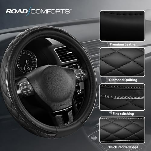 Road Comforts Leather Steering Wheel Cover – Black & Black, Universal Fit - Image 4