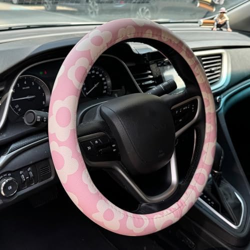 Vintage Groovy Flowers Car Leather Steering Wheel Cover by Naxizo