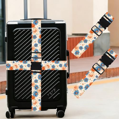 2PC, Floral Luggage Strap 1.97 x 70.87 inch Blue and Orange Wildflower Pattern - Image 2