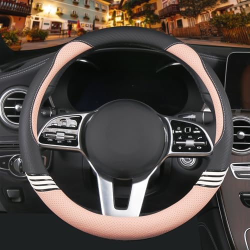 Small 14 inch Cute Leather Steering Wheel Cover Black and Pink - Image 2