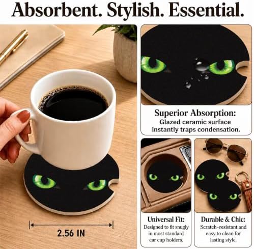 Black Cat Green Eyes Car Coasters, Dark Spooky Gothic Cup Holders - Image 3