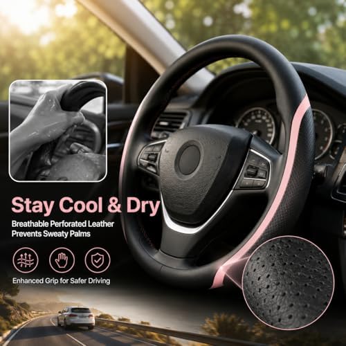 Steering Wheel Cover Black and Pink Leather Universal 14.5-15 inch - Image 4