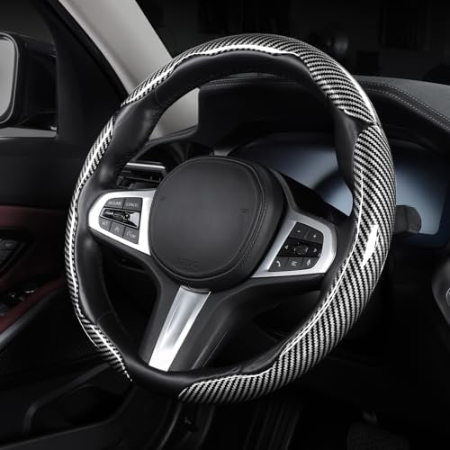 Carbon Fiber Steering Wheel Cover Universal 3pcs Protector Glossy Silver - Image 3