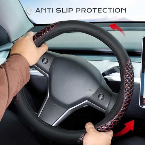 Coverado Car Steering Wheel Cover, Nappa Leather Black & Redline Steering Wheel - Image 3