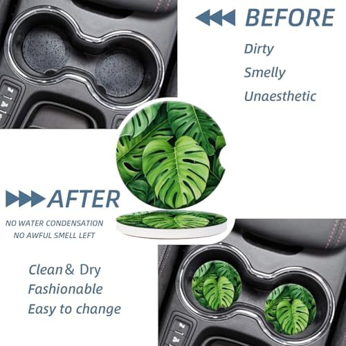 Cup Holder for Car, Tropical Leaf Pattern Ceramic Coasters Non-Slip Cup Holder - Image 4