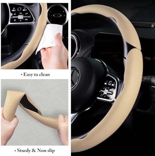 Car Steering Wheel Cover Leather 14.5-15 in Universal 3Pcs Set Beige - Image 6
