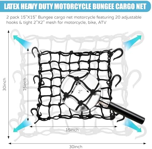 2 Pack 15"X15" Motorcycle Cargo Net Stretches to 30"x30", Total 20 Hooks - Image 2