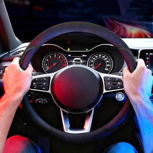 Leather Car Steering Wheel Cover, Breathable Laser-Perforated, Pure Black - Image 6
